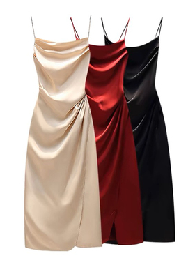 绝美性感辣妹红色吊带裙修身显瘦开叉订婚宴晚礼服气质高级连衣裙