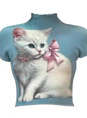 现货美式复古蓝灰色小白猫褶皱衫T恤显瘦甜酷个性 夏季印花短袖女