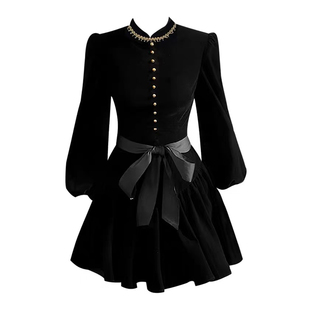 自制伯拉德千金设计感复古赫本风黑色收腰绑带丝绒长袖连衣裙 女