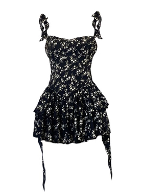 自制法式黑色设计感碎花吊带裙夏季纯欲小众茶歇裙收腰显瘦连衣裙