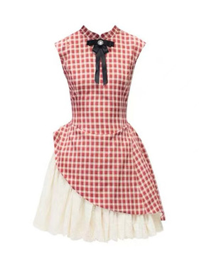 设计感新中式红色格纹连衣裙女法式复古甜美收腰无袖短裙子