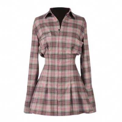 淡紫色格子衬衫长袖收腰连衣裙