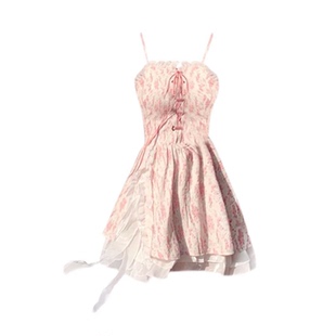 斩女穿搭2025夏油画秘境纯欲少女俏皮可爱甜美抽绳吊带碎花连衣裙