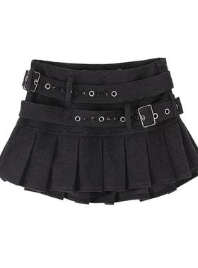 自制铆钉装饰低腰重工超短裙深灰色纯欲朋克百褶半身裙百搭A字裙