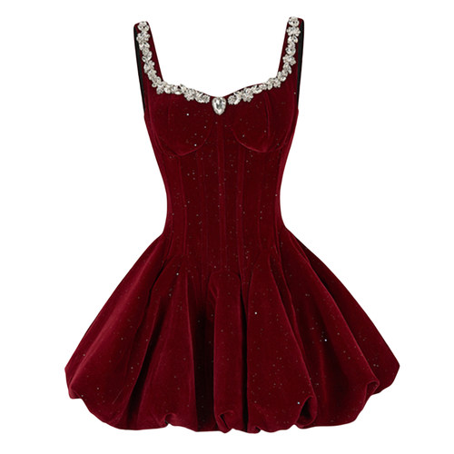 丝绒水钻收腰气质蓬蓬裙