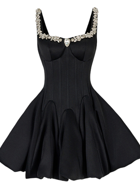 现货法式重工千金闪钻黑色高级感连衣裙鱼骨蓬蓬裙生日千金小礼裙