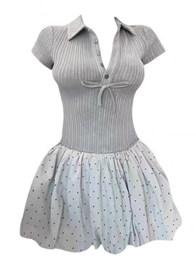 自制纯欲芭蕾风法式连衣裙女夏小众设计感针织拼接短裙收腰蓬蓬裙