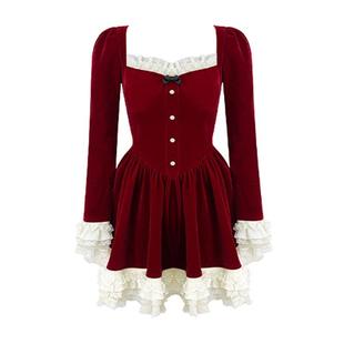 现货圣诞节红色丝绒连衣裙女秋冬方领蕾丝甜美气质新年公主蓬蓬裙