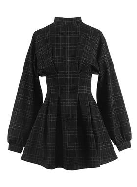 2025新款秋长袖格子连衣裙短裙chic法式收腰显瘦暗黑系小黑裙气质