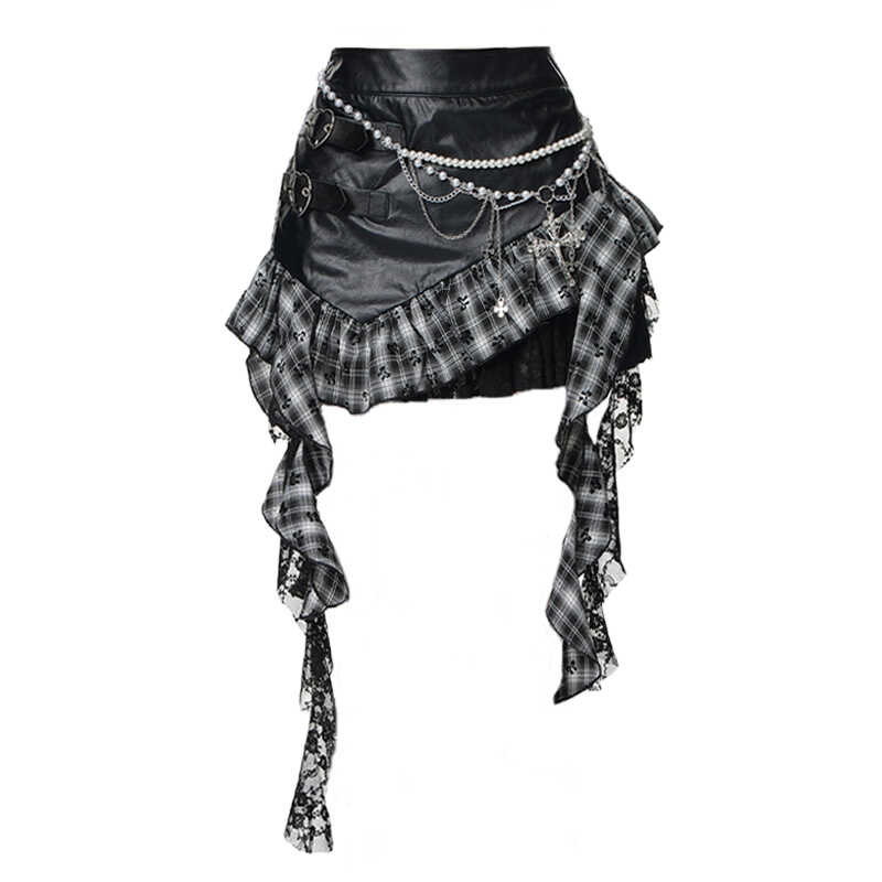 半身裙朋克格子不规则荷叶边