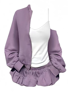 现货设计感菲林甜雾紫色连帽破洞短款卫衣外套小个子花苞短裙套装