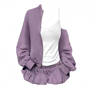 自制设计感菲林甜雾紫色连帽破洞短款卫衣外套小个子花苞短裙套装