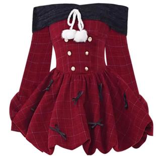 现货纯欲辣妹圣诞节战袍酒红色一字肩长袖 连衣裙生日蓬蓬小礼裙女