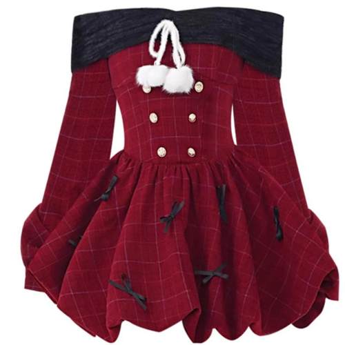 酒红色一字肩长袖连衣裙