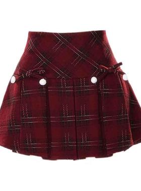 自制年会战裙 美式格纹半身裙女秋冬蝴蝶结A字显瘦百褶裙辣妹短裙