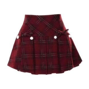 自制年会战裙 格纹半身裙女秋冬蝴蝶结A字显瘦百褶裙辣妹短裙 美式
