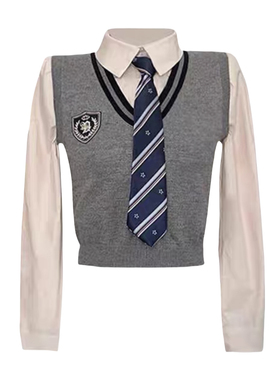 辣妹高腰深灰包臀半身裙+淡粉色衬衫+学院风灰色修身马甲上衣套装