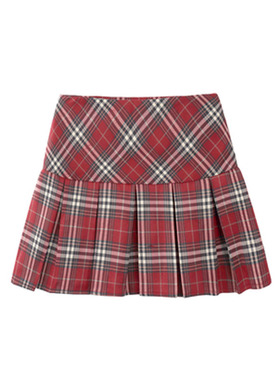 自制美式红色格子百褶裙女春夏高腰a字设计感小众辣妹半身短裙子