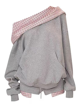 现货柏林甜茶 美式辣妹套装格子拼接灰色卫衣上衣+短裤两件套女秋