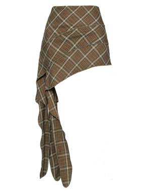 自制美式棕绿色不规则格子半身裙女夏小众设计感辣妹高腰a字短裙