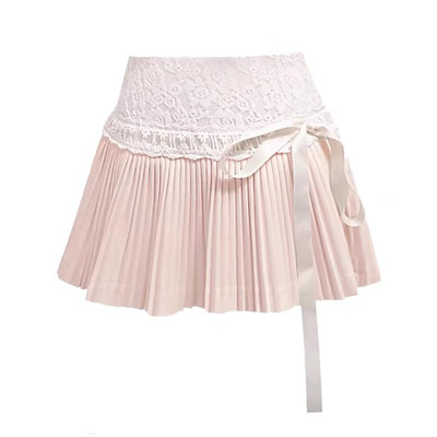 粉色设计感蕾丝拼接短裙子甜美
