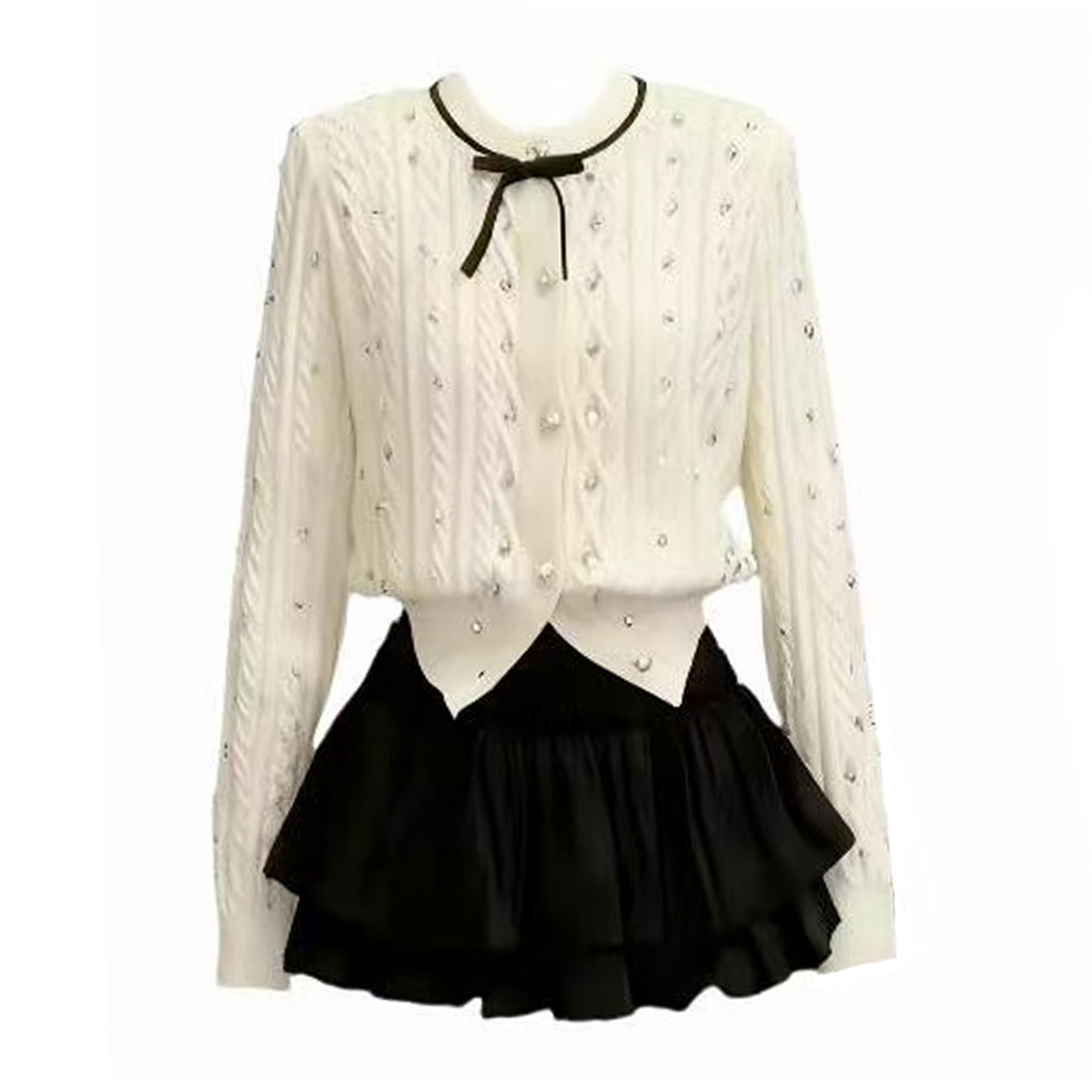 重工烫钻气质麻花毛衣女秋冬学院风千金套装针织开衫短裙两件套女,女装/女士精品,时尚套装,淘宝优惠券,粉丝福利购,淘宝优惠卷