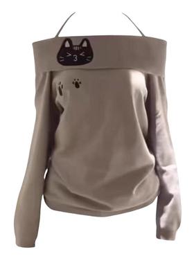 原创设计感小猫一字肩毛衣少女可爱宅系萌棕色猫爪灰色挂脖针织衫