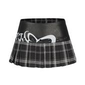 自制美式 低腰格子百褶裙 辣妹皮质拼接超短裙复古亚文化自带安全裤