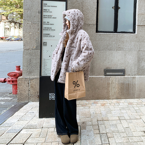 灰色短款连帽羊羔毛外套女秋冬超火好看高级小众加绒加厚棉服夹克图片