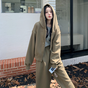 运动休闲连帽卫衣女2024秋季新款韩系设计感宽松阔腿裤图片