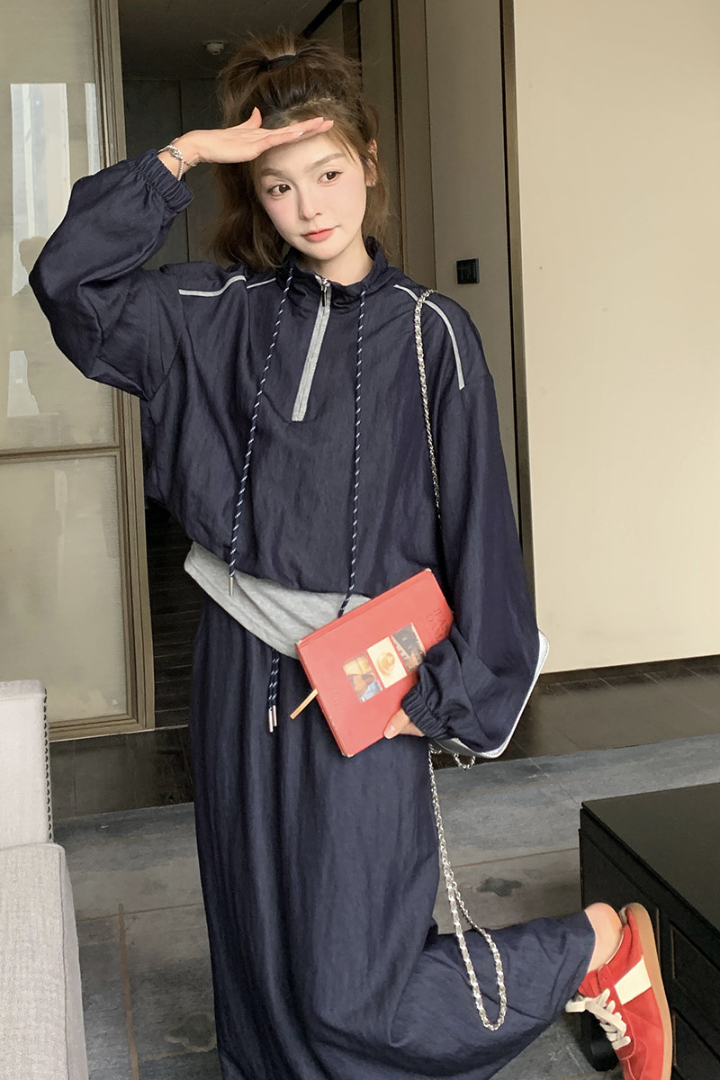 深蓝色慵懒运动风一整套穿搭女2025春季新款假两件上衣半身裙套装,女装套装/套裙,Yologo
