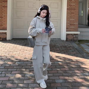 韩系chic穿搭灰色卫衣套装女春秋2025新款休闲运动工装两件套裤子