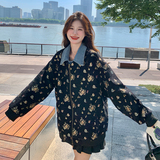 黑色牛仔拼接假两件外套女春季新款休闲宽松时髦洋气减龄提花上衣，女装短外套，Yologo