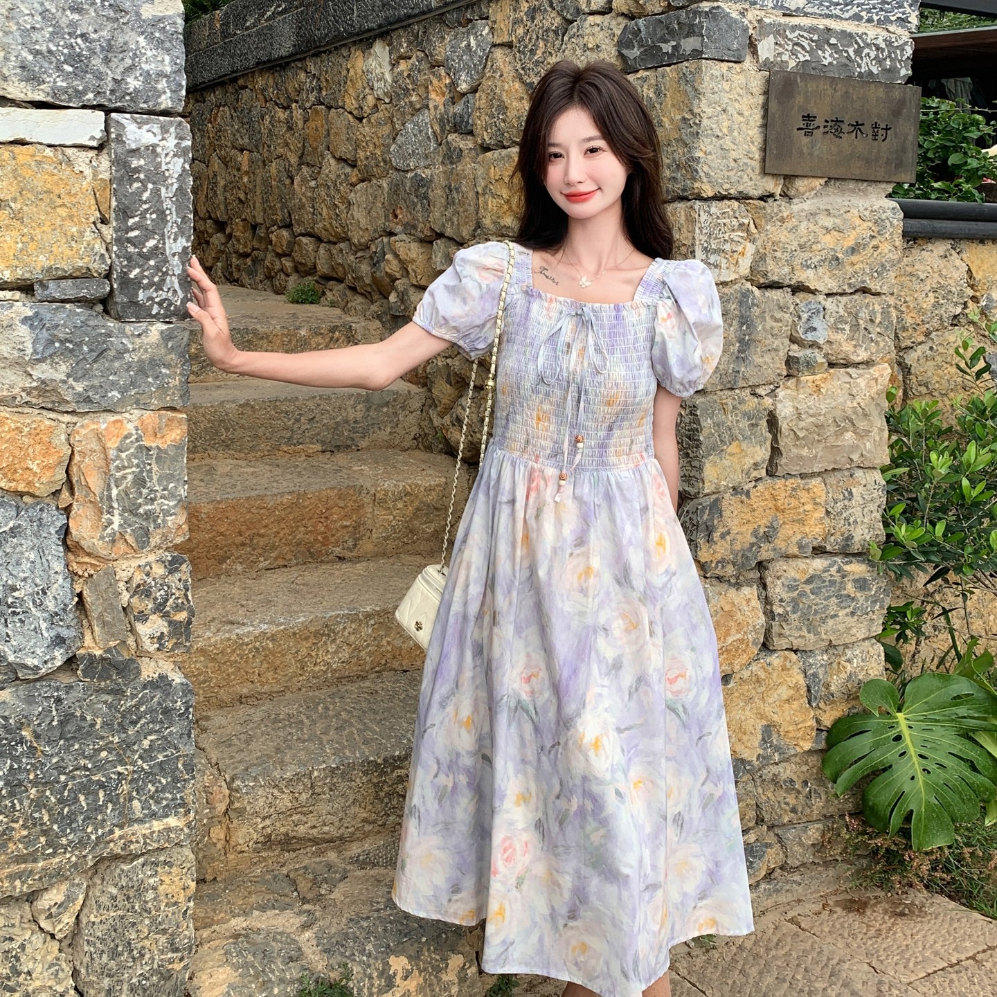 法式温柔甜美度假A字裙女2025夏季绝美紫色碎花晕染泡泡袖连衣裙,女装连衣裙,Yologo