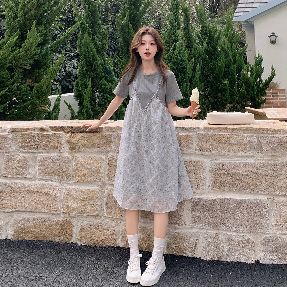 灰色假两件拼接连衣裙女夏2025新款超仙甜美裙子艺术感穿搭巨好看,女装连衣裙,Yologo