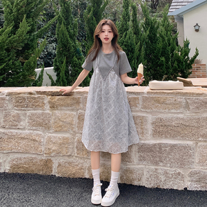 灰色假两件拼接连衣裙女夏2025新款超仙甜美裙子艺术感穿搭巨好看图片