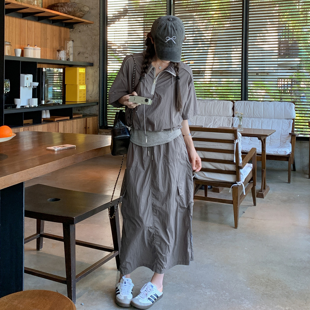 运动风穿搭灰色外套配长裙两件套女夏2025年新款超火休闲减龄套装,女装套装/套裙,Yologo