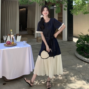 撞色拼接显瘦花边连衣裙女夏2025新款长裙法式气质独特漂亮高级感图片