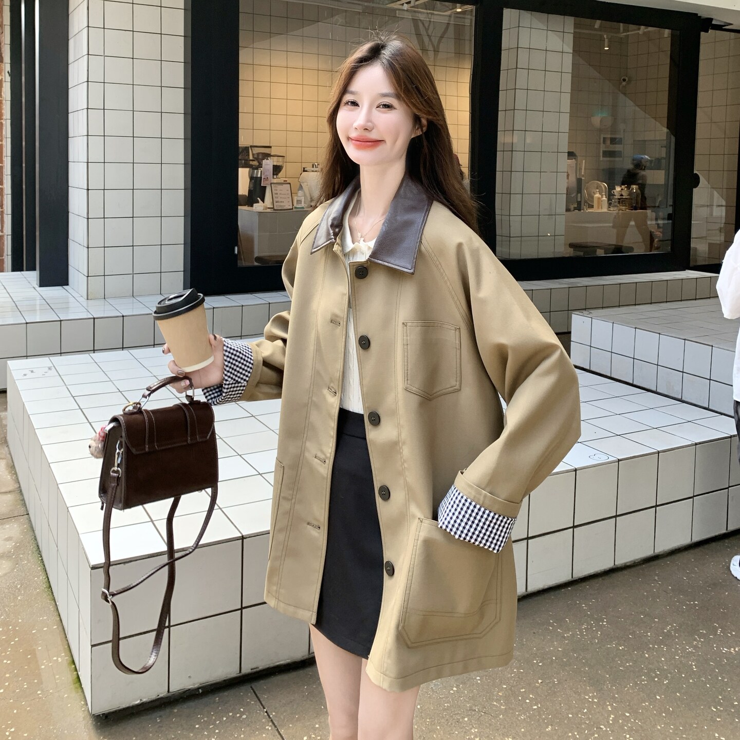 常规款拼色翻领厚款长袖纯色风衣外套秋冬韩版宽松春秋气质小个子,女装风衣,Yologo