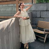 杏色假两件连衣裙夏女2025新款法式复古显瘦松弛感长款过膝背心裙，女装连衣裙，Yologo