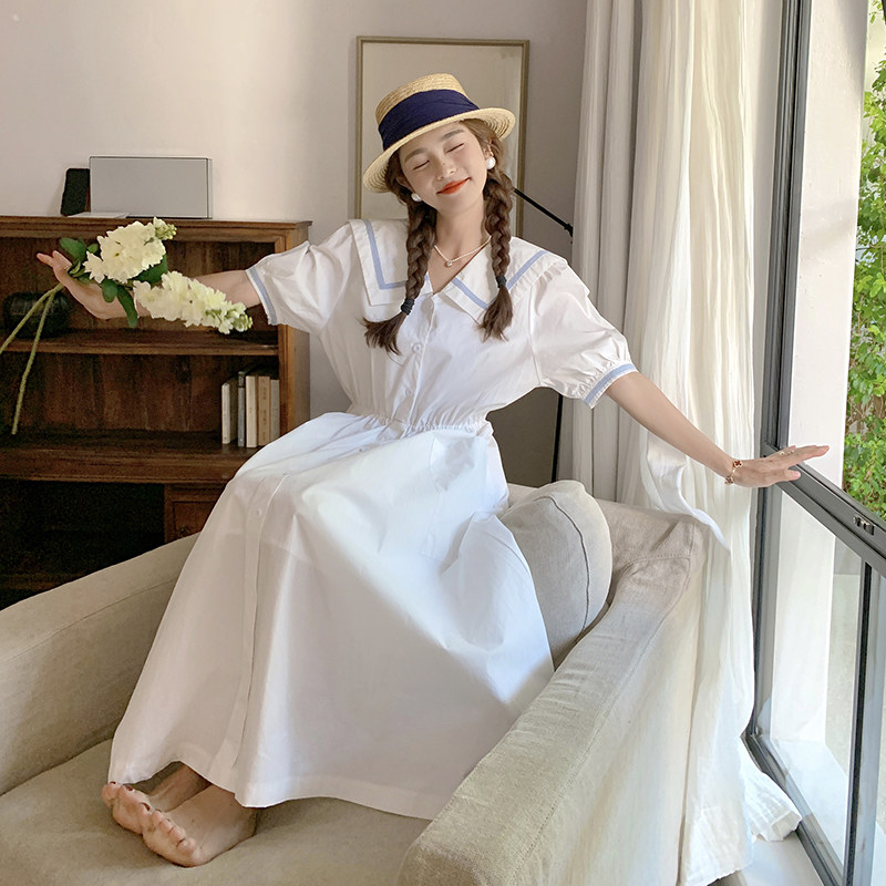 法式茶歇白色泡泡袖连衣裙女夏2025新款设计感宽松少女初恋长裙子,女装连衣裙,Yologo