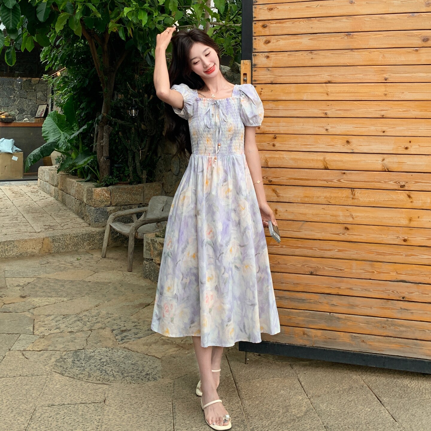 法式温柔甜美度假A字裙女2025夏季绝美紫色碎花晕染泡泡袖连衣裙,女装连衣裙,Yologo