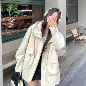 韩版米白色连帽工装外套女2025春秋季新款宽松显瘦休闲设计感上衣图片