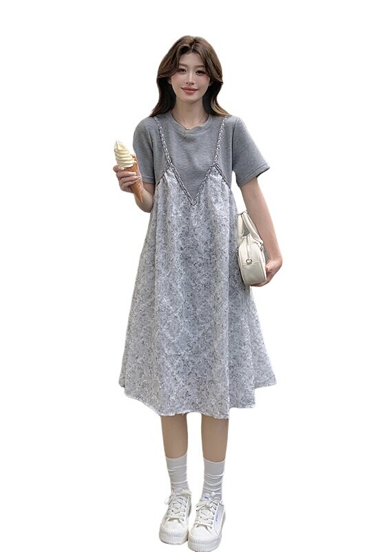灰色假两件拼接连衣裙女夏2025新款超仙甜美裙子艺术感穿搭巨好看,女装连衣裙,Yologo