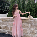 粉色度假风挂脖连衣裙女2025夏季新款法式绝美温柔超好看吊带长裙，女装连衣裙，Yologo