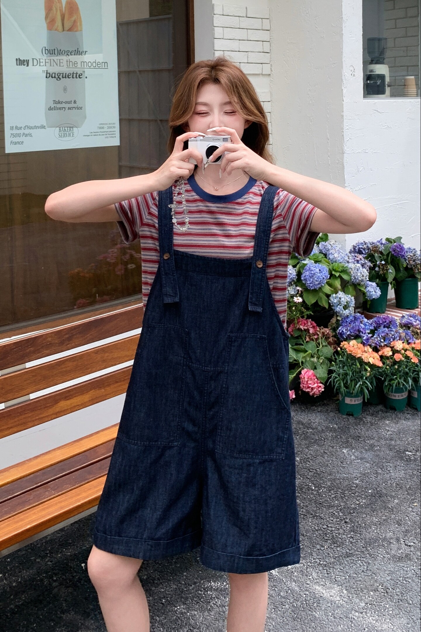 夏日chic韩系小个子流行两件套2025新款女条纹上衣牛仔背带裤套装,女装套装/套裙,Yologo