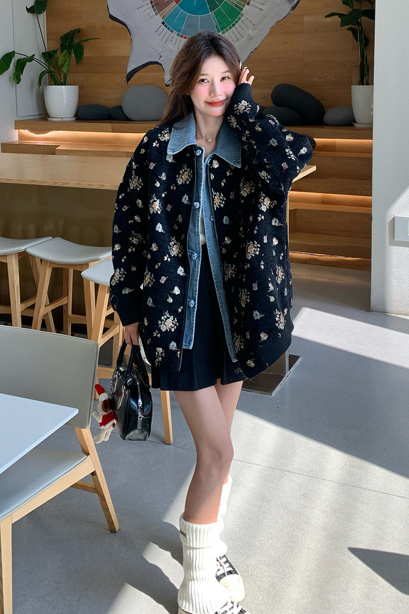 黑色牛仔拼接假两件外套女春季新款休闲宽松时髦洋气减龄提花上衣,女装短外套,Yologo