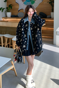 黑色牛仔拼接假两件外套女春季新款休闲宽松时髦洋气减龄提花上衣图片