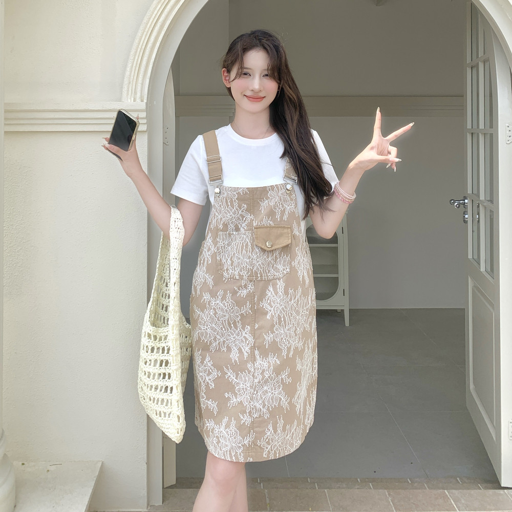 韩系流行减龄T恤两件套女2025夏季新款甜酷风蕾丝背带连衣裙套装,女装连衣裙,Yologo