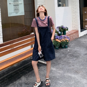 夏日chic韩系小个子流行两件套2025新款女条纹上衣牛仔背带裤套装